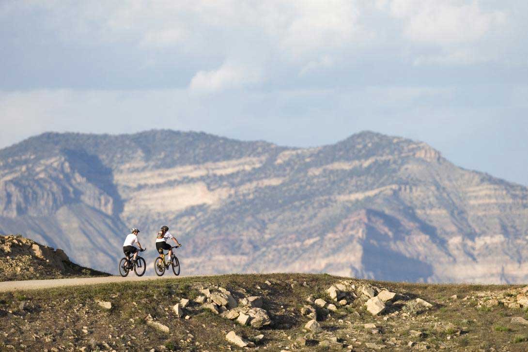 Two mountain bikers ride a trail