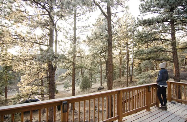 A shot from the Bailey A-Frame patio. There is someone in winter clothing standing at the right side of the well-manicured wooden patio near the stairs down. The view is of the expansive downhill field of pine trees, reaching tall to the bright sky.