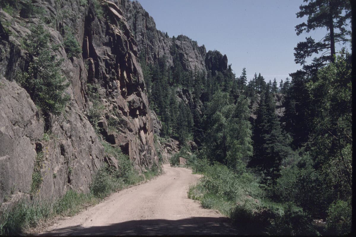 View of a dirt road surrounded by tall rock formations and green forest trees
