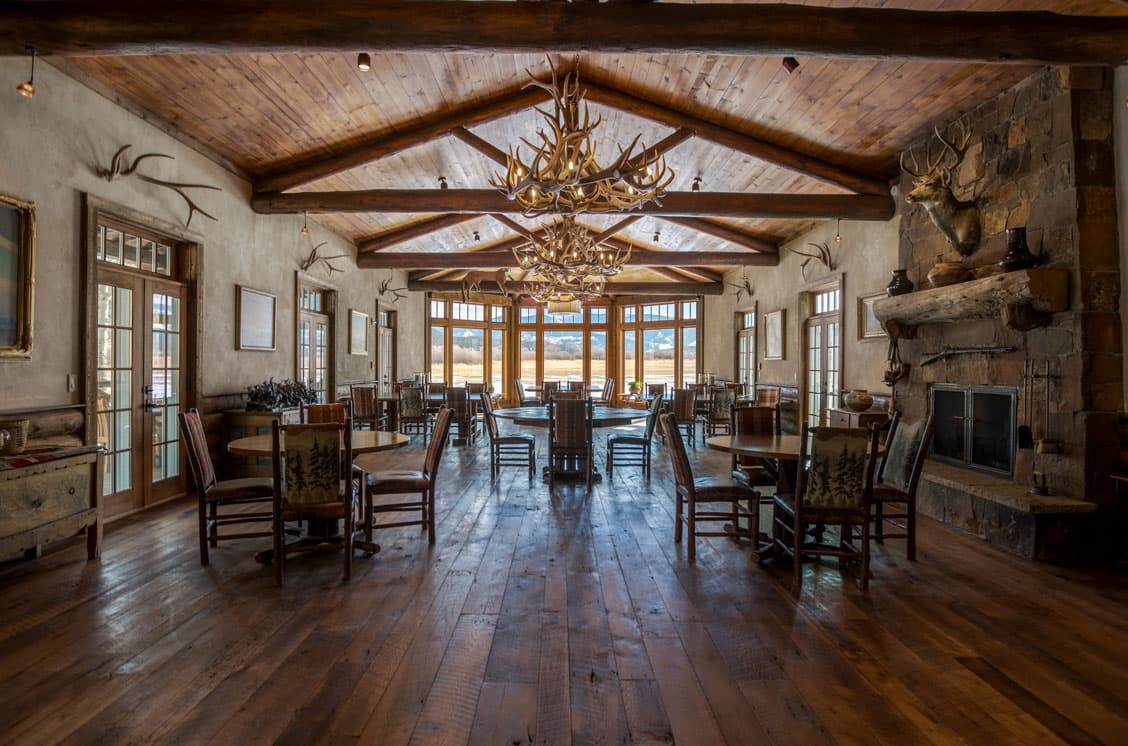 Trinchera Blanca Ranch's dining room with antler chandeliers