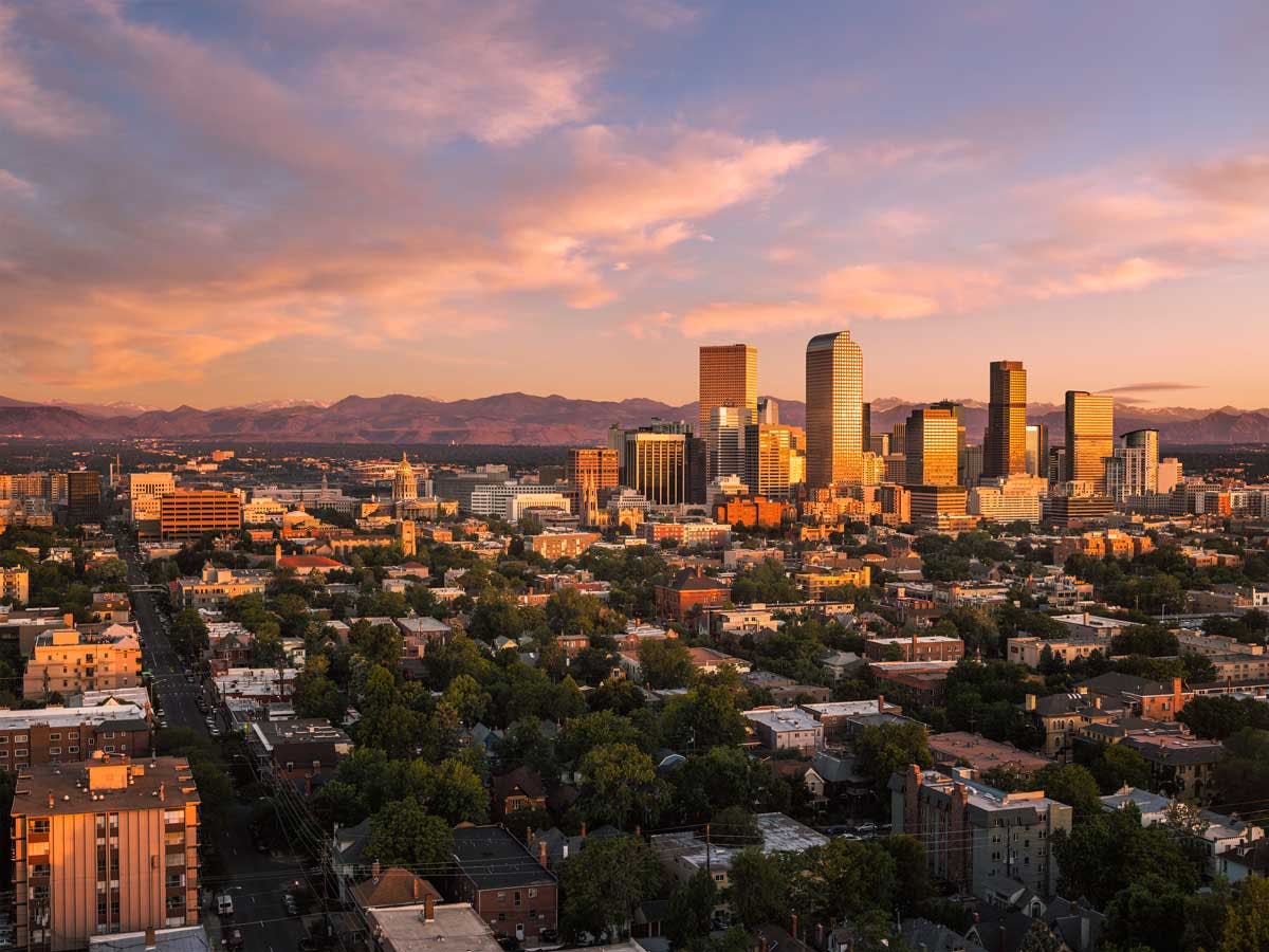 Love is in the air over Denver's skyline at sunset