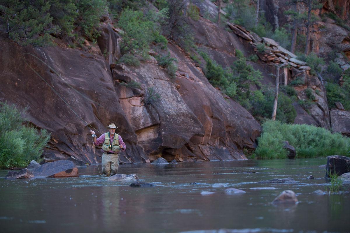 A man fishing in the Dolores River surrounded by red rock canyon and green grasses.