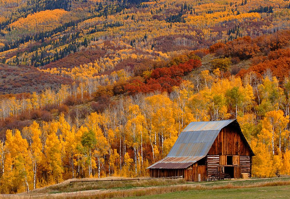 A famous red barn sits in front of a mountain covered with trees in fall foliage — they are rich shades of crimson, orange and gold