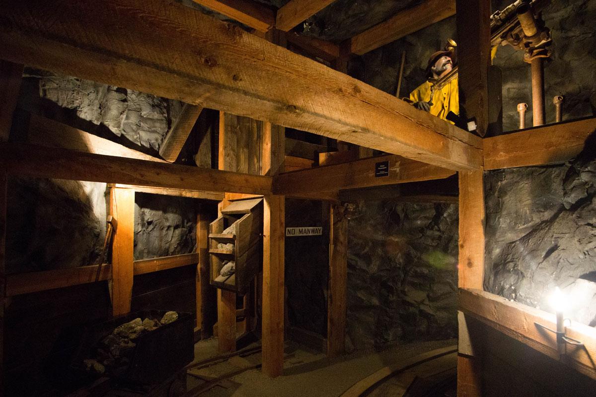 An underground mine scene with dim lighting and rock walls in a mining museum