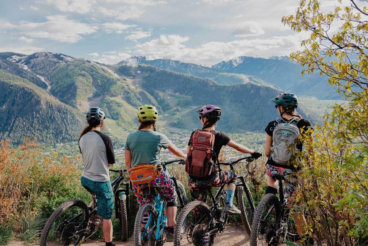 Four mountain bikers with their backs to the camera look out at a scenic mountain background in summer.