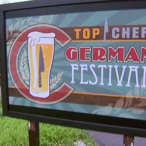 Sign with pint of beer saying "Top Chef German Festival"