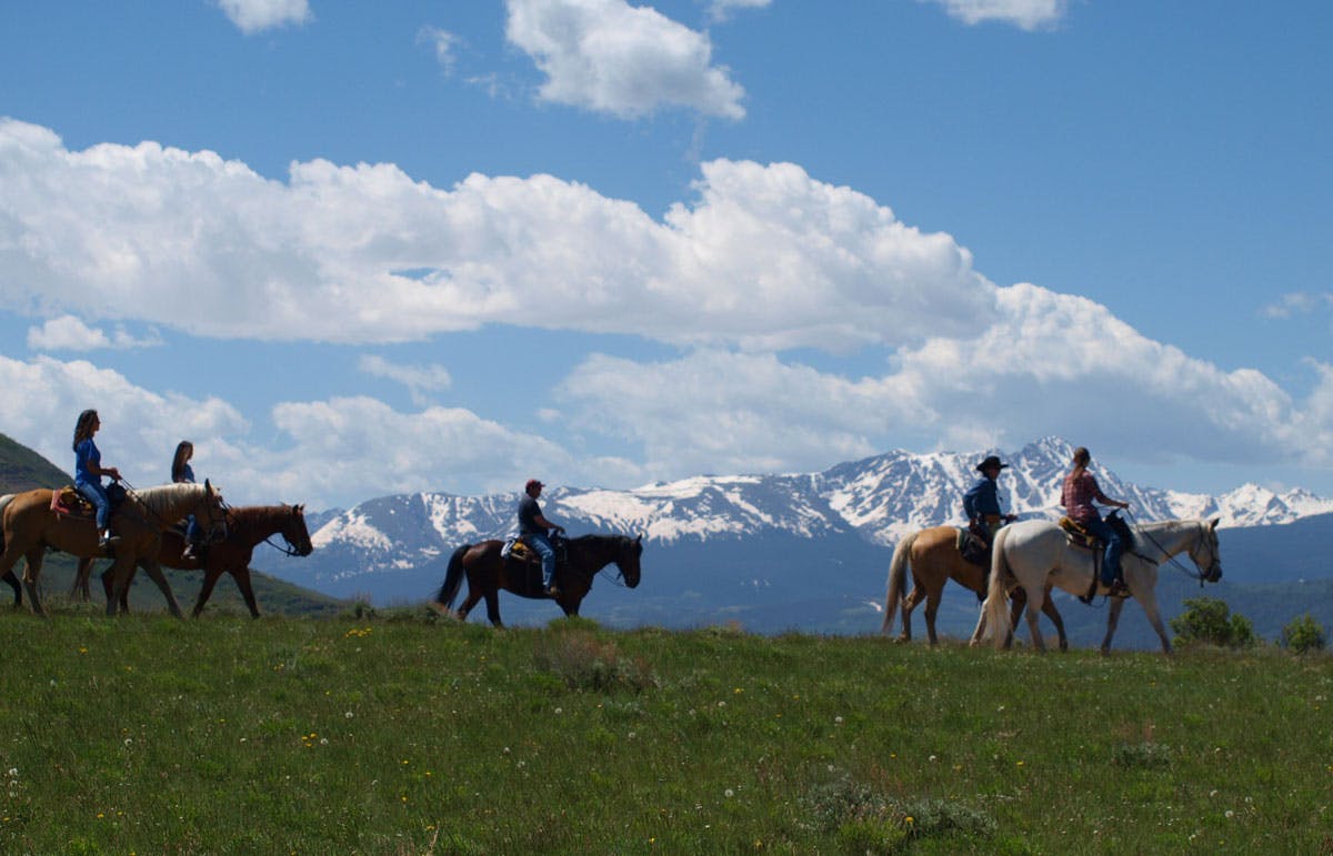 Five horses with riders from Rusty Spurr Ranch in Kremmling plod across a grassy field with snowcapped mountains in the background