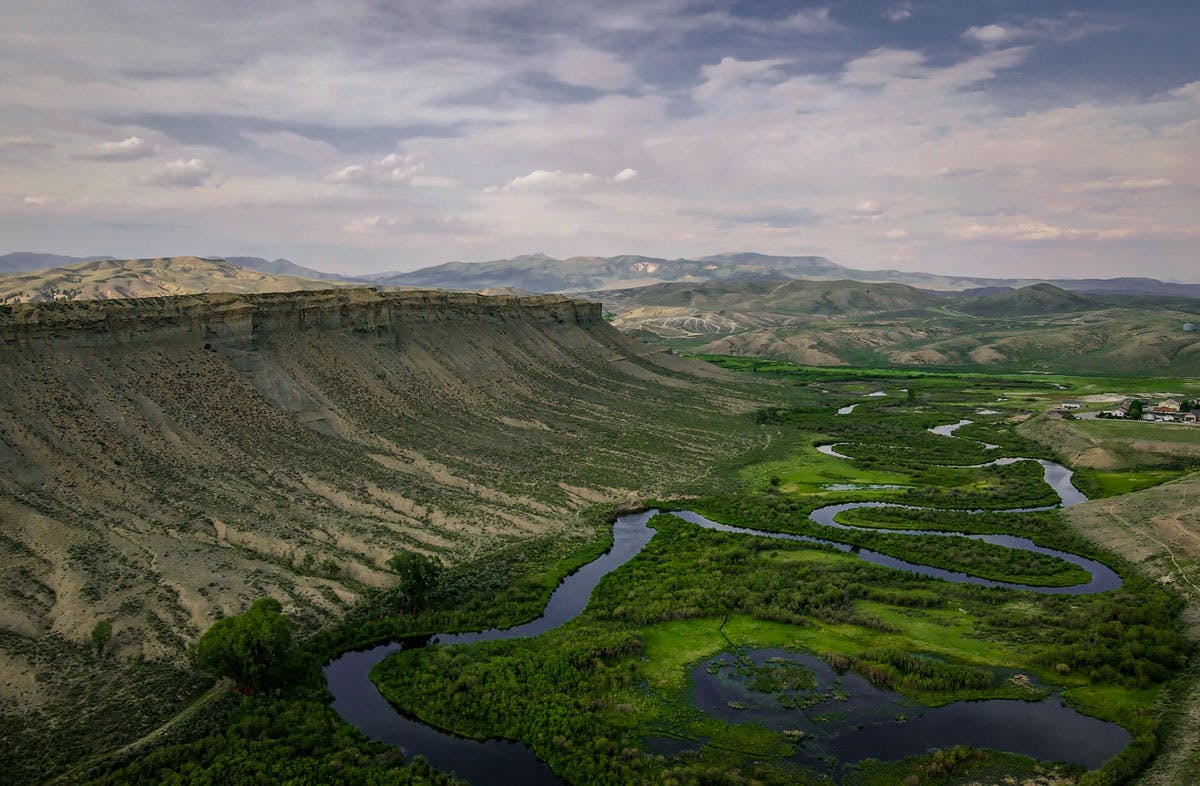 Bird's-eye view of the verdant Kremmling area from the Kremmling Cliffs