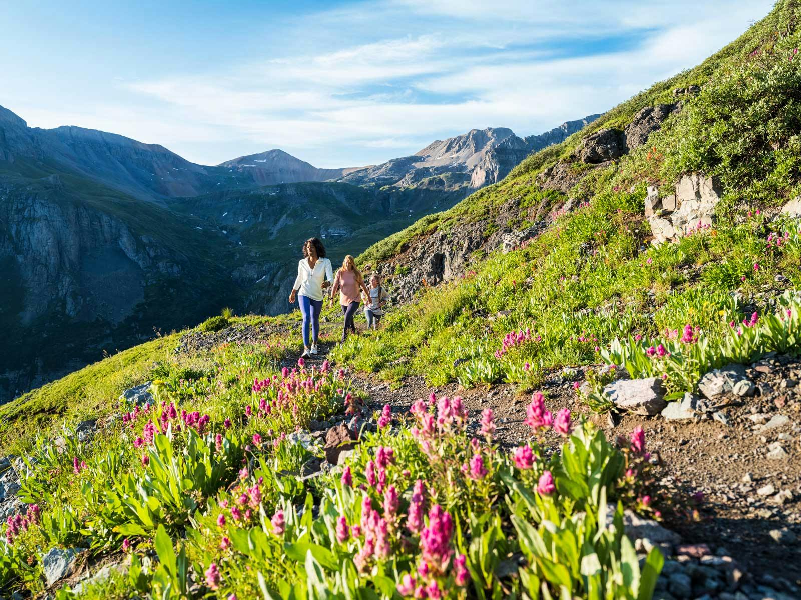 Three women walk along a hiking trail through a field of wildflowes with blue peaks behind them