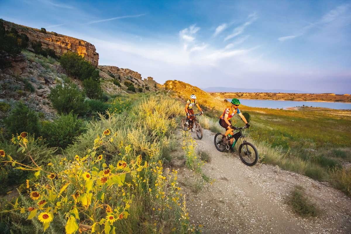 Two mountain bikers ride downhill on a trail beside yellow sunflowers, with a lake behind them in the distance