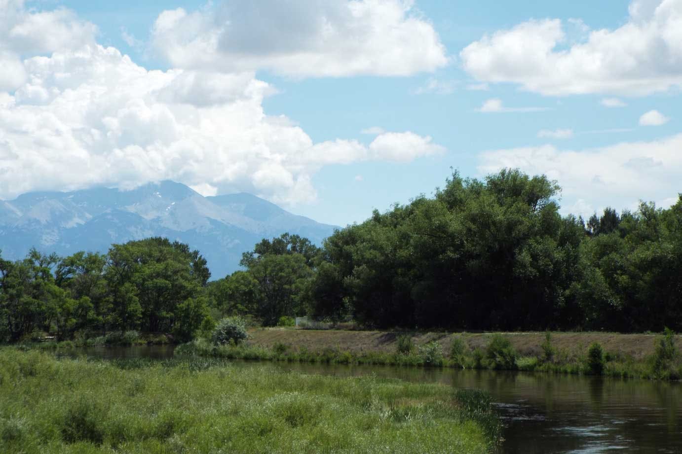 On a cloudy, blue-sky summer day, the Rio Grande River is peacefully flowing with full green-leaved trees and grasses. Mount Blanca is in the background. 