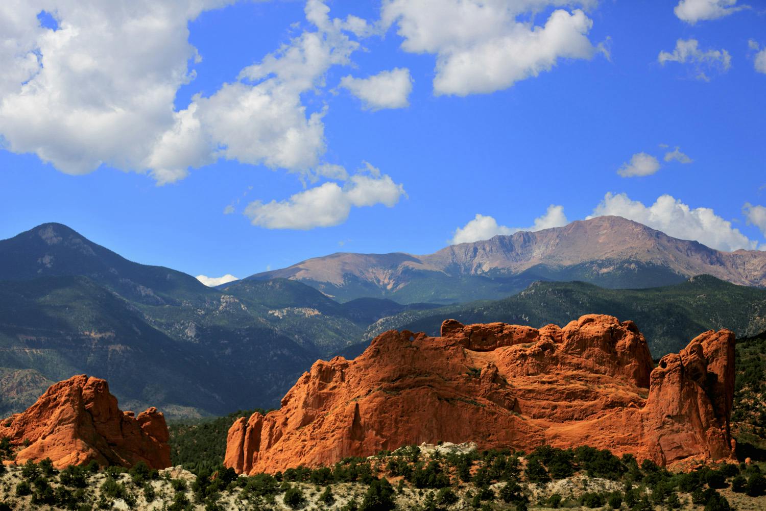 A view of Pikes Peak and Garden of the Gods Park