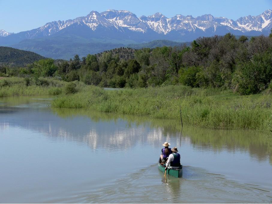 A green canoe with two people paddles through a calm river way. The bank to the right is covered in green grasses. In the distance snow-covered mountains sit.