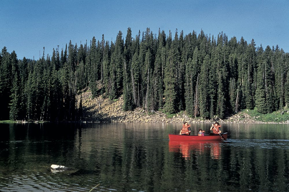 A red canoe with a family of three wearing red life jackets sits in the middle of a lake on the Grand Mesa. Evergreen trees lead up to the lakeshore under a bright-blue sky.