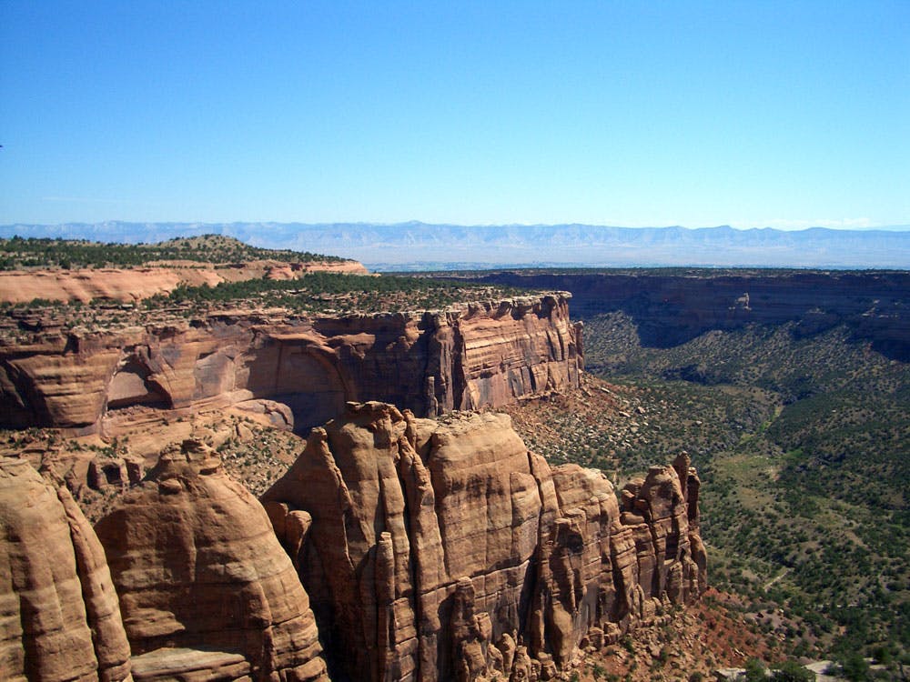 Sandstone formations tower over the forests below at Colorado National Monument near Grand Junction and Fruita.