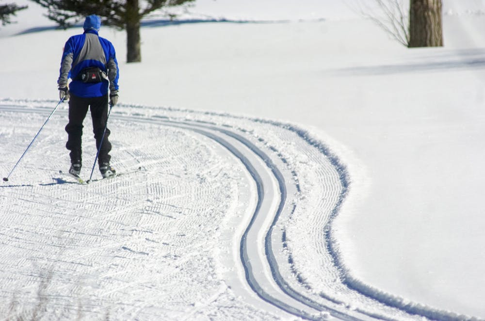 From behind, we see a cross-country skier using his poles to help propel him along a groomed trail