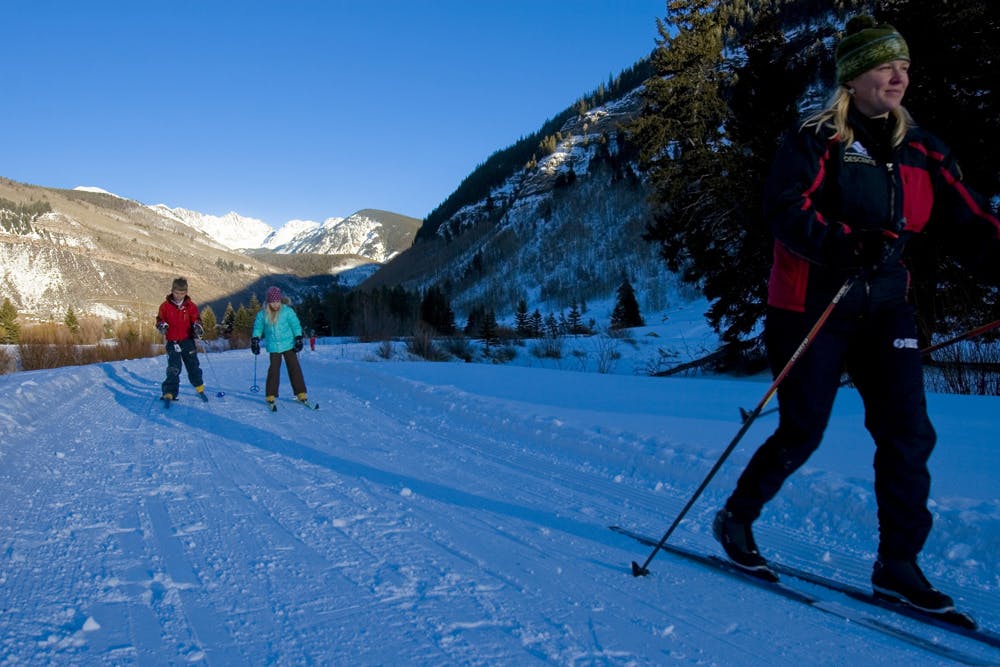 In a shadowy valley, three cross-country skiers use their poles to push themselves along a groomed track