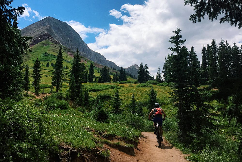 A mountain biker with a red backpack flies down a red-dirt path surrounded by green grass and evergreen trees with a mountain peak in the distance with blue skies and white clouds.