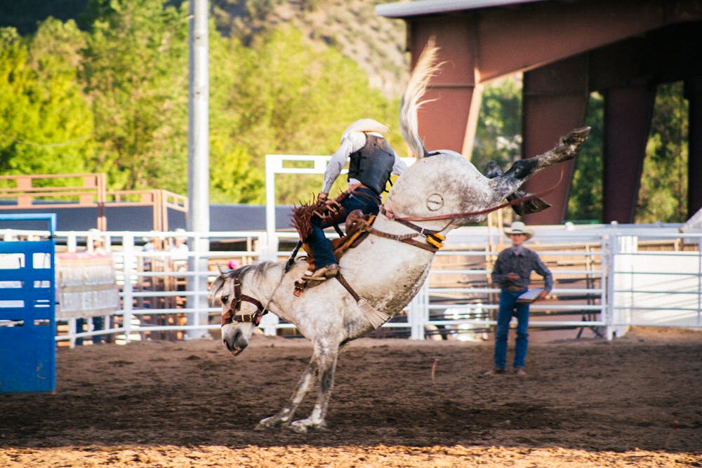 A bronc rider sits astride a white bronc that's up on its front legs. As a person watches on, standing in the muddy path surrounded by white metal fences at a rodeo.