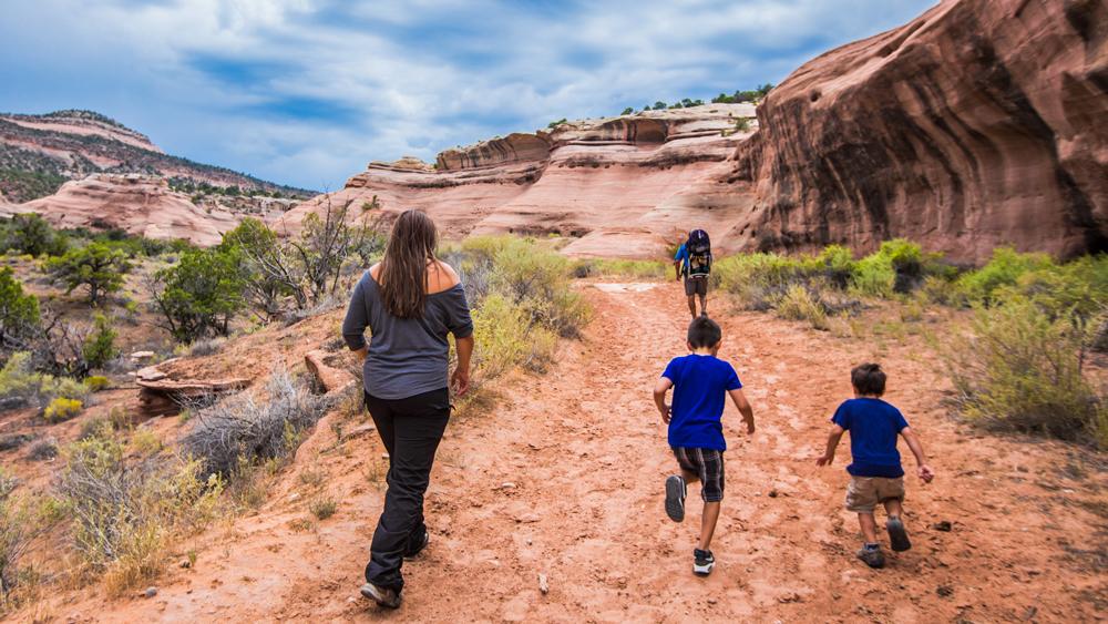 A family wearing blue shirts walks on a red-dirt path with red-rock walls to the right and scrubby green bushes to the left. 