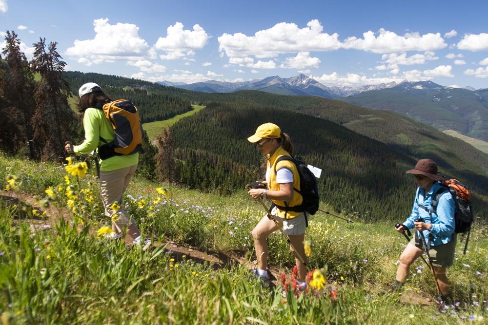 Three people hiking through a wildflower field near Vail, Colorado. The lead person is wearing a green jacket with a orange backpack, the middle person is wearing a yellow vest and yellow baseball cap and the last person is wearing a blue shirt and brown hat. There are snow-capped mountains in the background.