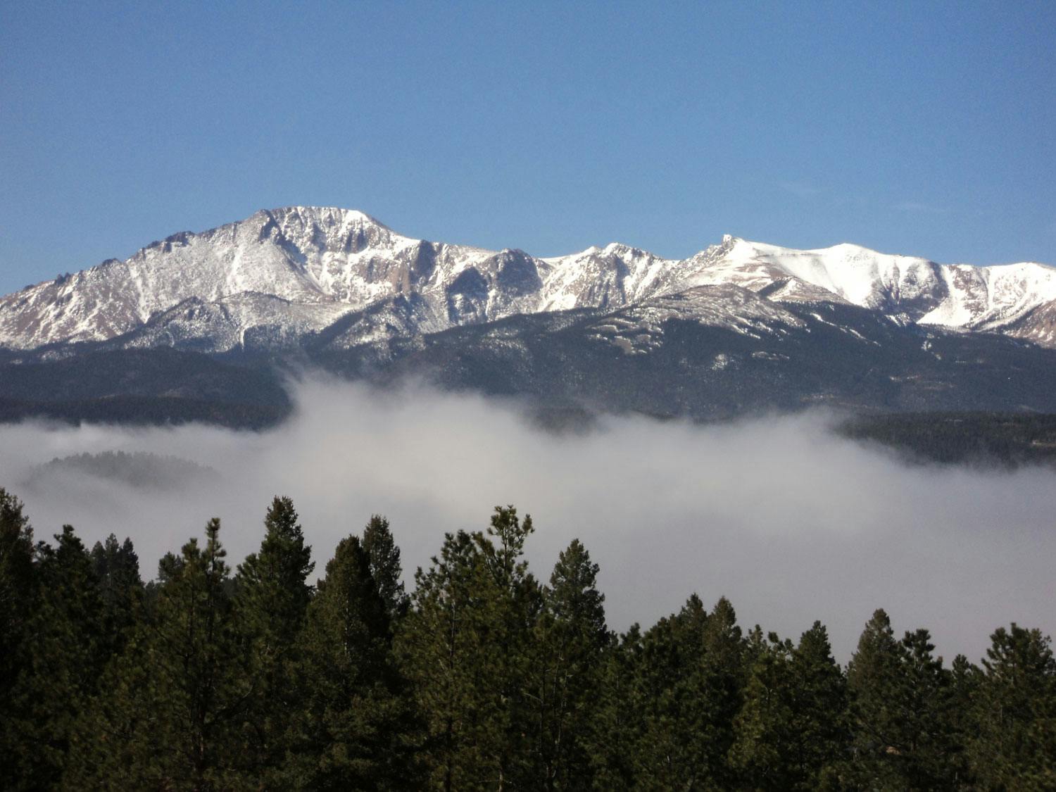 The snow-covered Pikes Peak sits under a blue sky and above a foggy valley with evergreen trees.