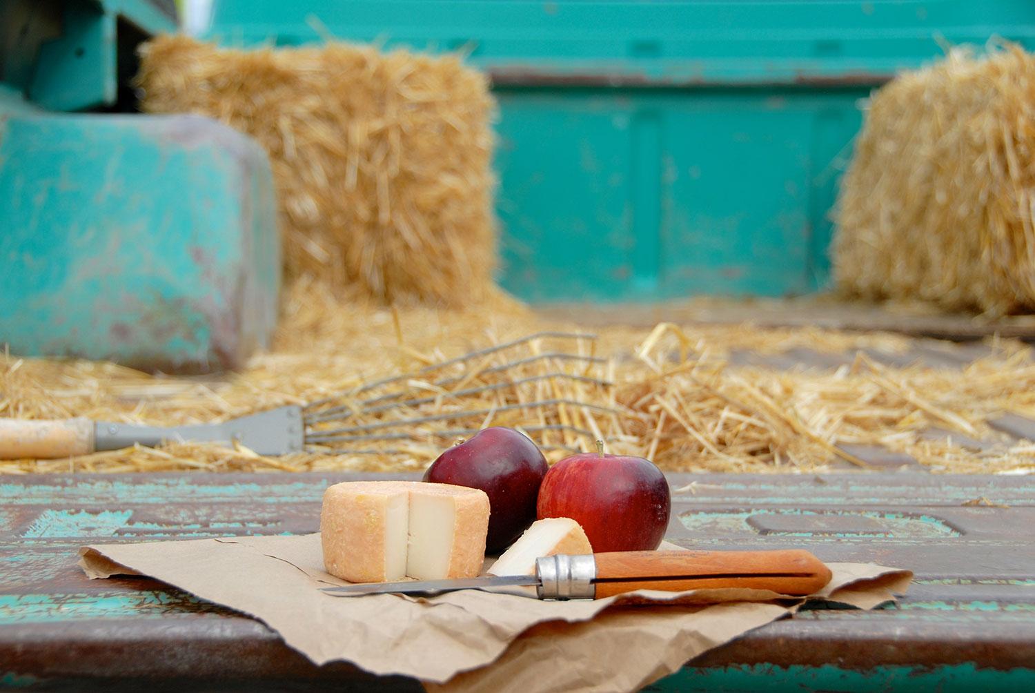 On a table surrounded by hay bales, a couple apples and two hunks of cheese rest next to a cheese knife, waiting for someone to come take a bite