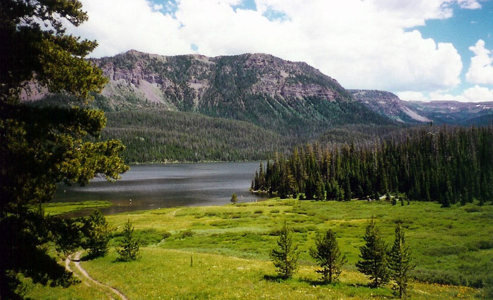 A green meadow gives way to a calm lake and a mountain peak beyond that