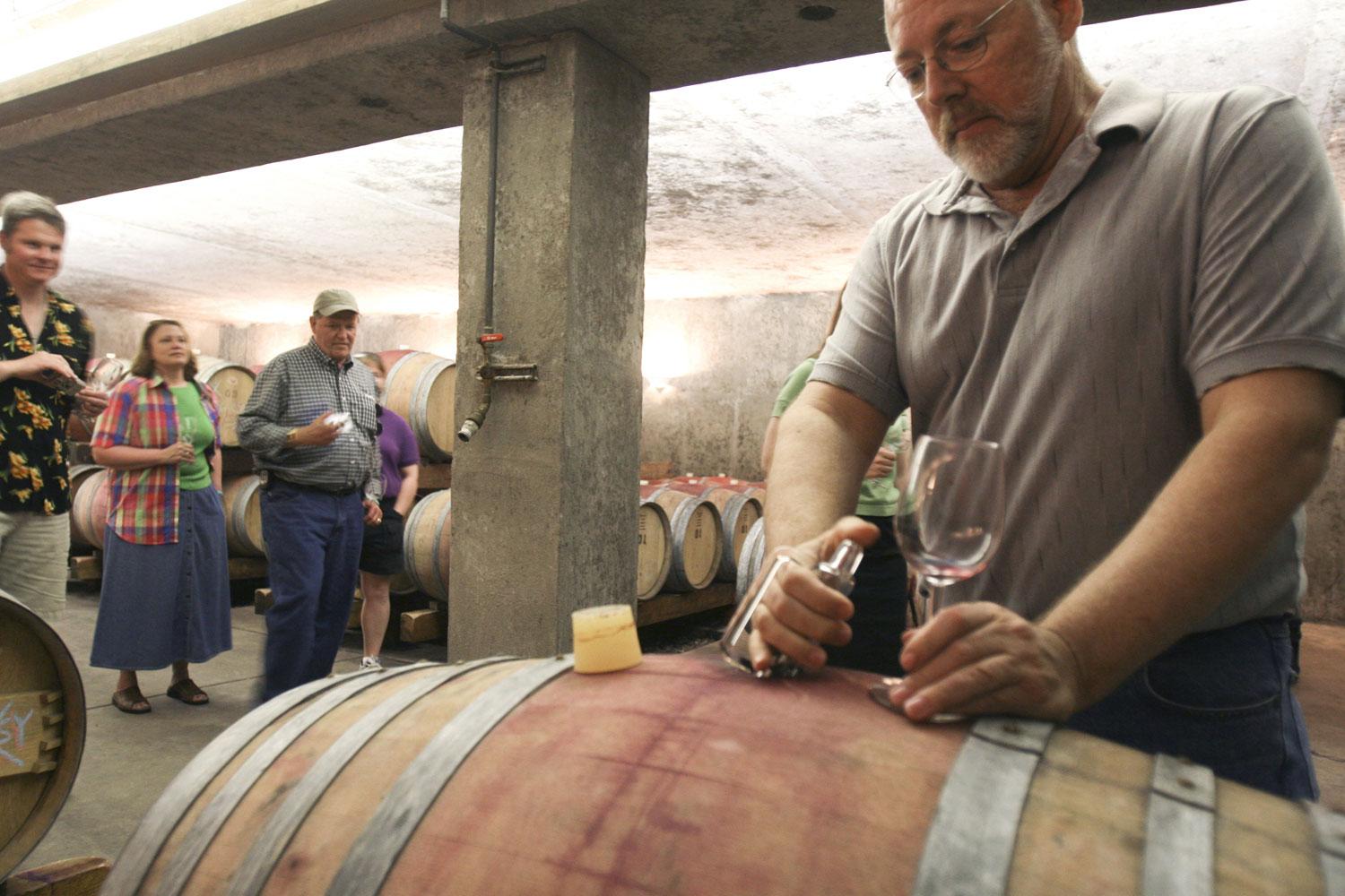 A small group listens to their guide during a wine tour