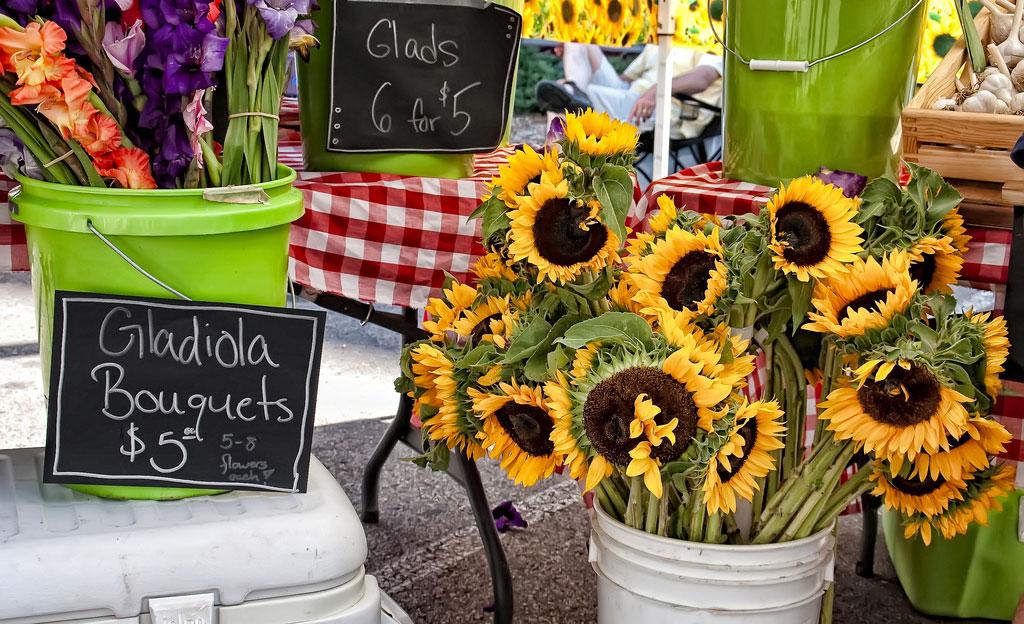 Buckets of yellow sunfloewrs and orange and purple gladiolas sit at a farmers market. Signs read "Gladiola Bouquets $5 each" and "Glads 6 for 5."