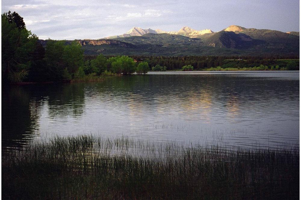 A lake at Mancos State Park ripples with tall grasses on the shore. In the distance there is golden sunlight from the setting sun illuminating a snow-capped peak.