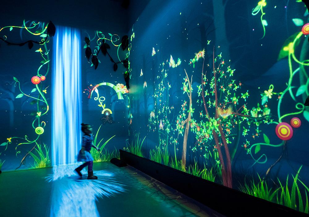 A child plays in a dark room where the walls are lit with digital drawings of flowers and plants at the Museum of Discovery in Fort Collins, Colorado.