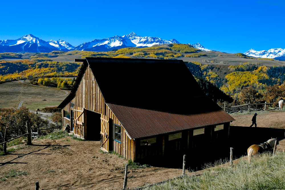 Ranch country and the Sneffels mountain range near Ridgway