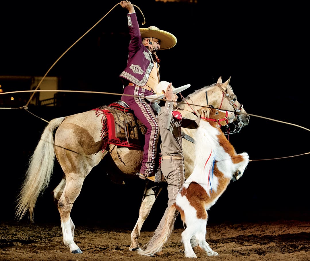 Two cowboys and horses at Mexican Rodeo Extravaganza at Denver's National Western Stock Show