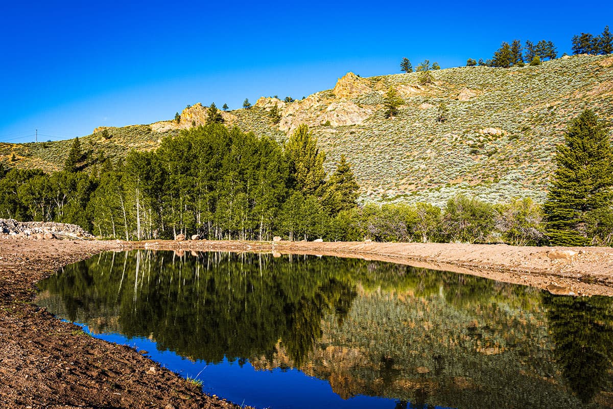 The water is still and calm.  The sky and nearby trees are reflected onto the surface.