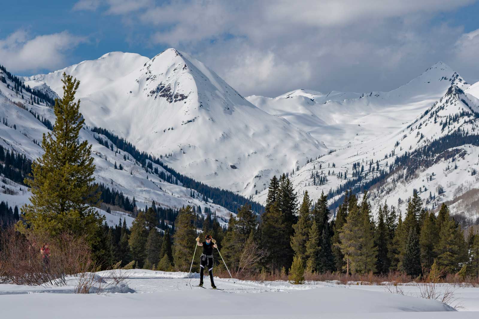A cross-country skier in shirtsleeves pushes off on her poles under a sunny sky