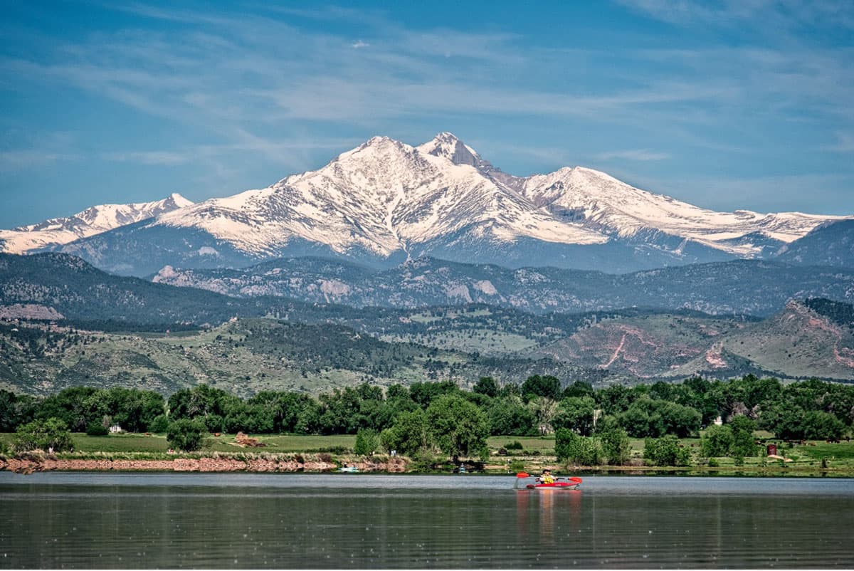 Scenic view of Longs Peak with a peaceful lake and greenery below.