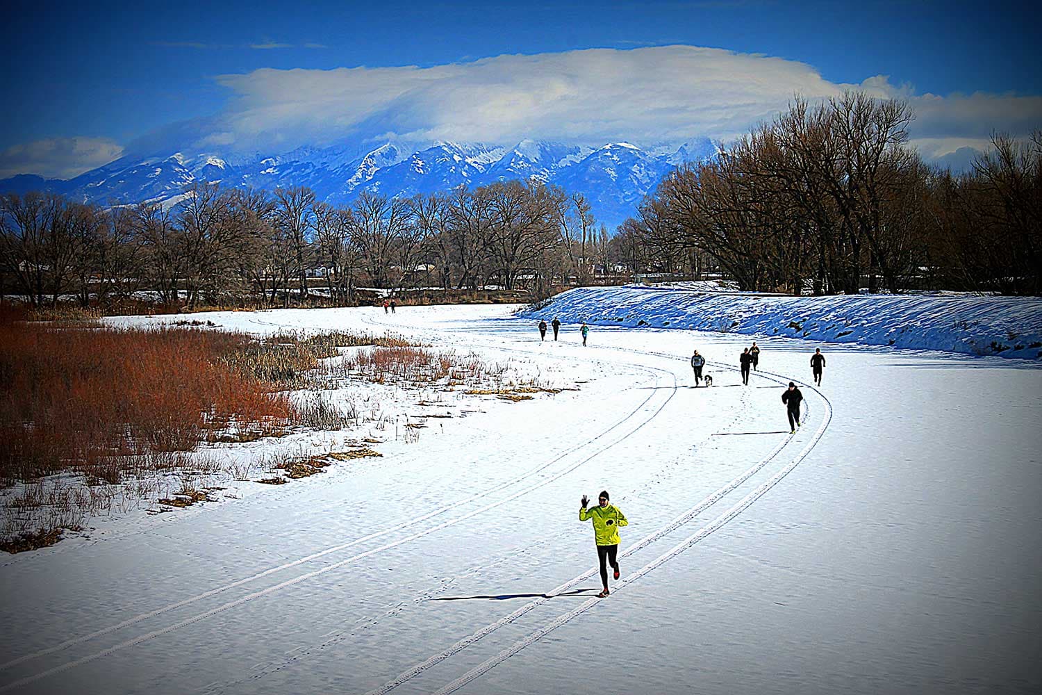 Bundled up runners run in carved-out tracks along an icy, snowy trail