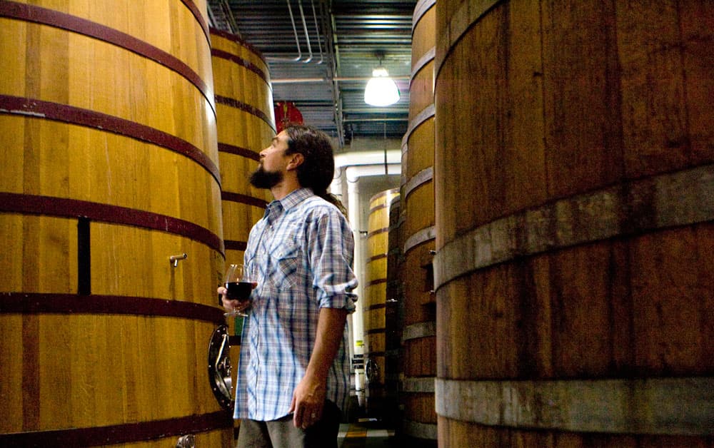 A person in a plaid shirt holds a stemmed beer glass in one hand and stares up at the wooden vats at Fort Collins' New Belgium Brewing Company.