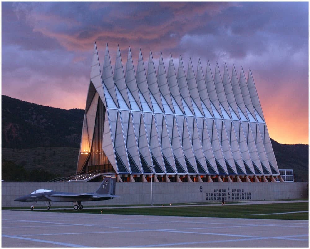 U.S. Air Force Academy Cadet Chapel in Colorado Springs at sunset