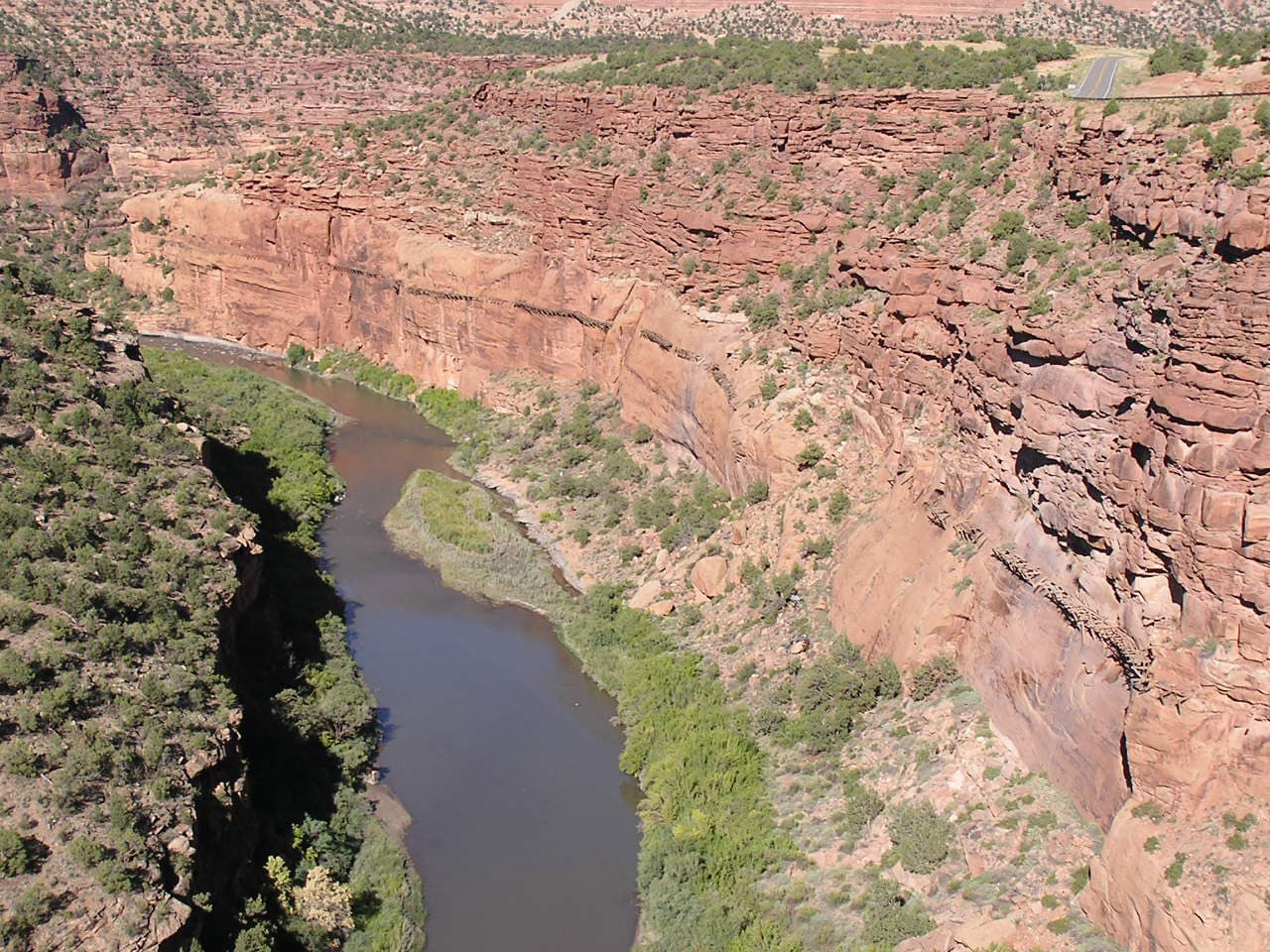 A dark river runs between the red rock canyon walls of Colorado's Unaweep Canyon. There's green scrub and grass along the riverbanks.