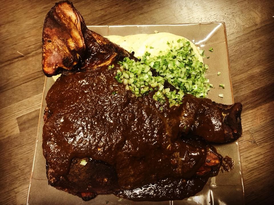 slow roasted barbacoa, pasilla chile sauce, tortillas, cilantro, onion at four by brother luck photo